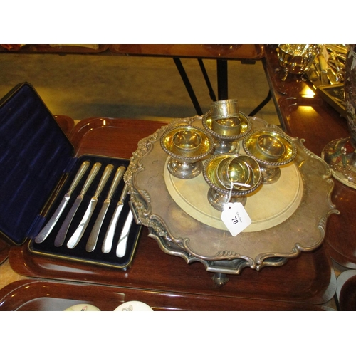 78 - Two Silver Plated Salvers, Bread Board, 4 Salts, 6 Napkin Rings and a Case of Silver Handle Tea Kniv... 