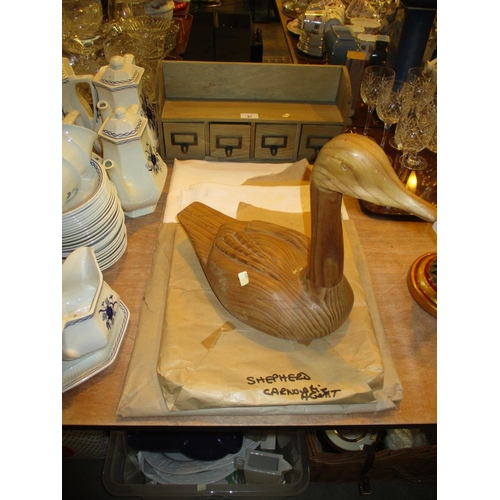 97 - Carved Wood Duck, Shelf Drawers and Damask Table Cloths