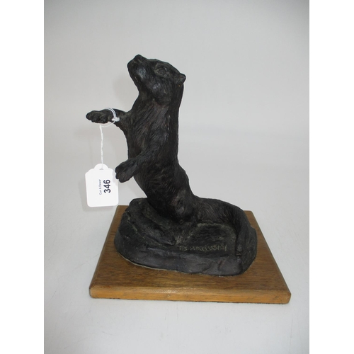 346 - T.S. Halliday Bronzed Resin Sculpture of an Otter with a Fish, 20cm