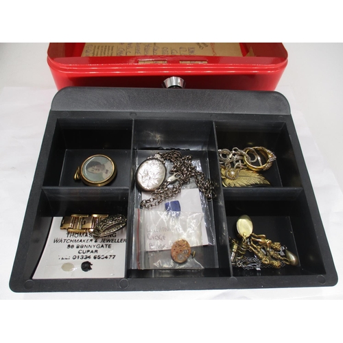 407 - Cash Box with Jewellery including Silver Locket on Chain