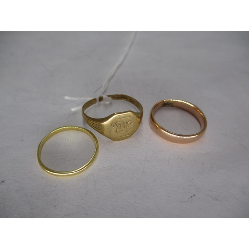 413 - Two 9ct Gold Rings, 5.3g, and an 18ct Gold Ring, 1.1g