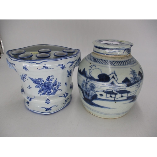 433 - Delft Pottery Tulip Vase and a Chinese Porcelain Ginger Jar