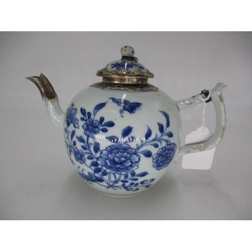 443 - 18th Century Blue and White Porcelain Tea Pot with Later Silver Repair Mounts