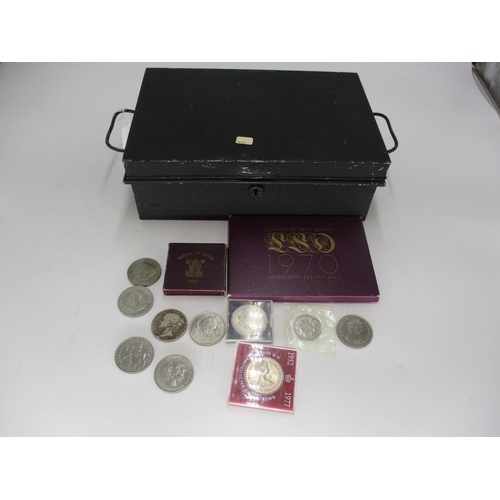 463 - Deed Box with a Victorian Crown, 1970 Coin Set and Other Coins