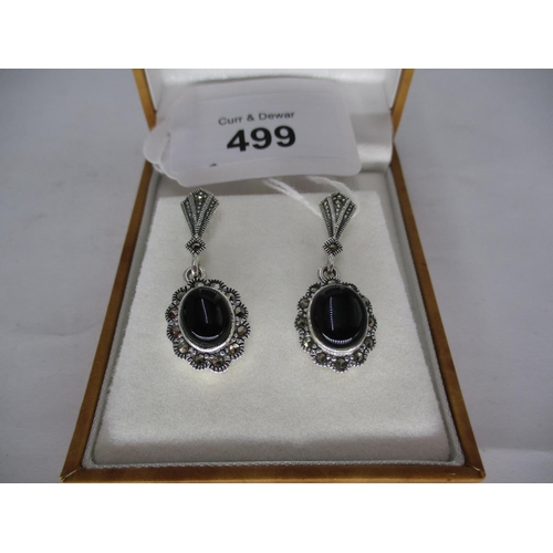 499 - Silver, Marcasite and Onyx Drop Earrings