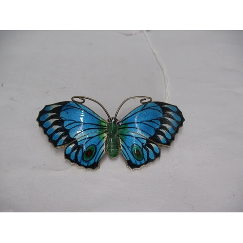 500 - Silver and Enamel Butterfly Brooch with Turquoise/Blue and Black Wings and Green Enamel Body, by J. ... 