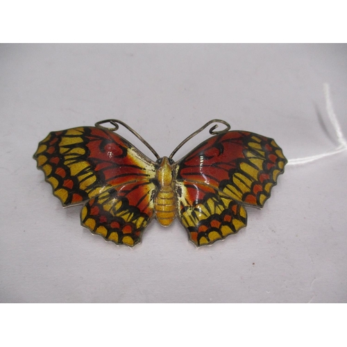 501 - Silver and Enamel Butterfly Brooch with Red/Orange and Black Wings and Golden Yellow Body, by J. Atk... 