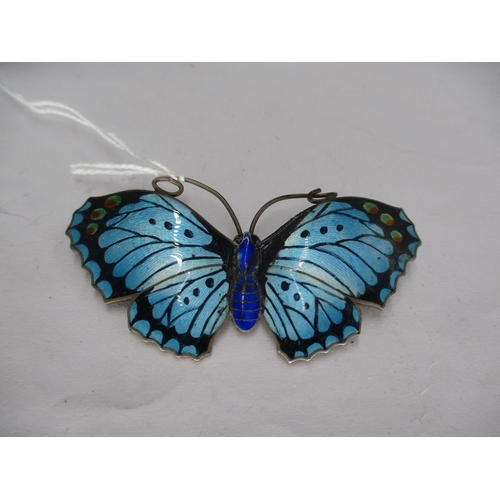 502 - Silver and Enamel Butterfly Brooch with Pale Blue and Black Wings with Red/Green Spots and Deep Blue... 