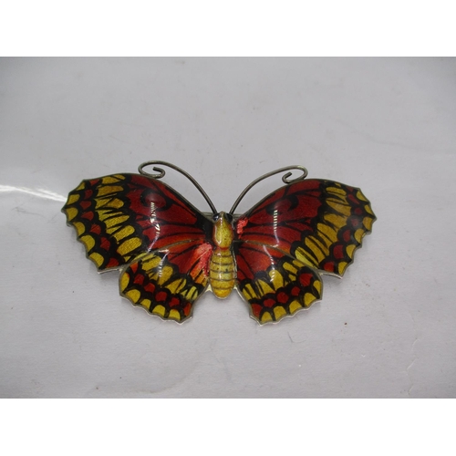 503 - Silver and Enamel Butterfly Brooch with Red/Orange and Black Wings and Golden Yellow Body, by J. Atk... 