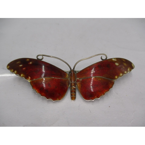 504 - Silver and Enamel Butterfly Brooch with Reddish/Orange Wings with Cream Spots to the Tips and Brown ... 