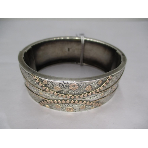 516 - Victorian Silver Snap Bangle with Gold Highlights, Birmingham, 1893