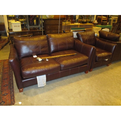 658 - Brown Leather 2 Seat Settee with Matching Chair