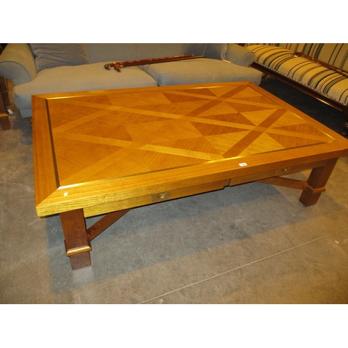 674 - Large Brass Inlaid Wood Coffee Table and Matching Pair of Lamp Tables, 169x110cm and 65x65cm