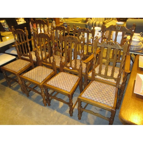 697 - Set of 8, 2 Arm and 6, 1920's Oak Barley Twist Dining Chairs