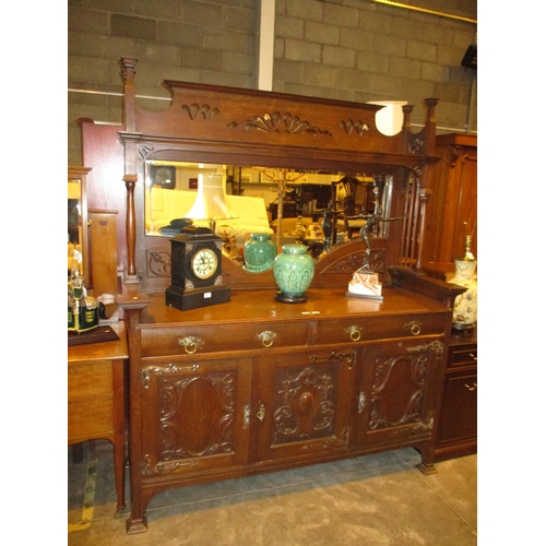 709 - Art Nouveau Carved Oak Mirror Back Sideboard, 170cm