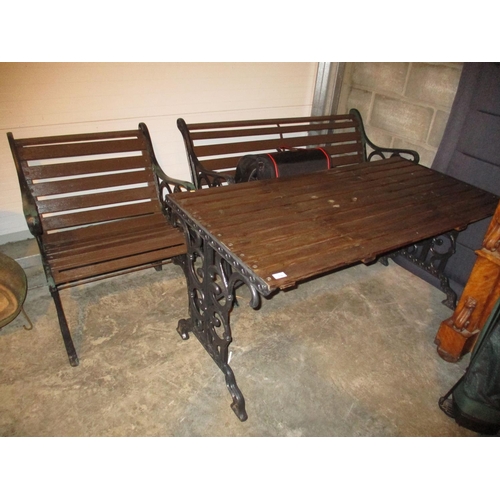 735 - Cast Metal and Wood Garden Table with Matching Bench and Chair