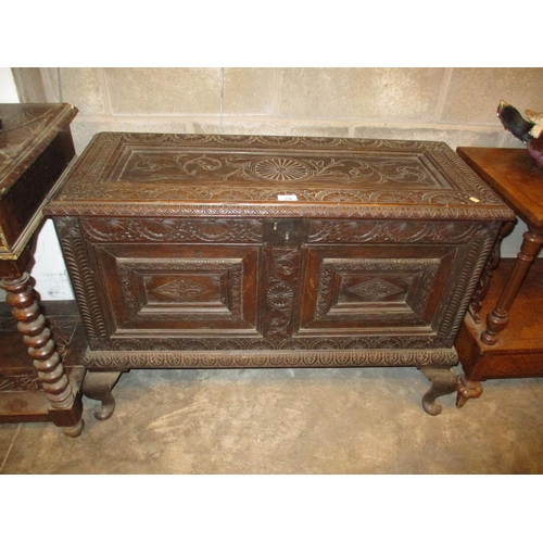 750 - Carved Oak Coffer on Cabriole Legs, 95x39cm