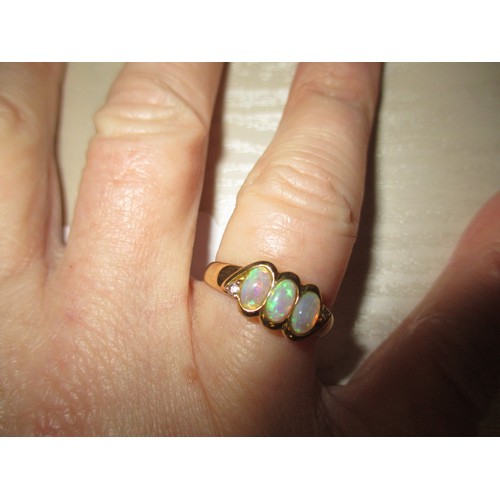 382 - 18ct Gold and 3 Opal and 2 Diamond Ring, 3g, Size O