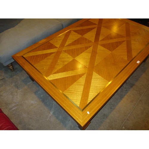 674 - Large Brass Inlaid Wood Coffee Table and Matching Pair of Lamp Tables, 169x110cm and 65x65cm