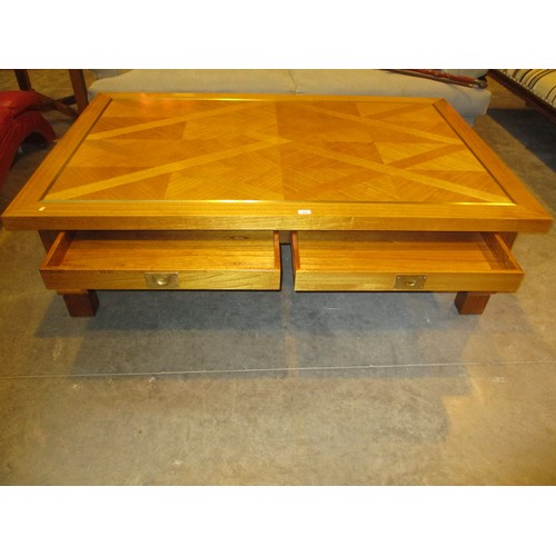 674 - Large Brass Inlaid Wood Coffee Table and Matching Pair of Lamp Tables, 169x110cm and 65x65cm