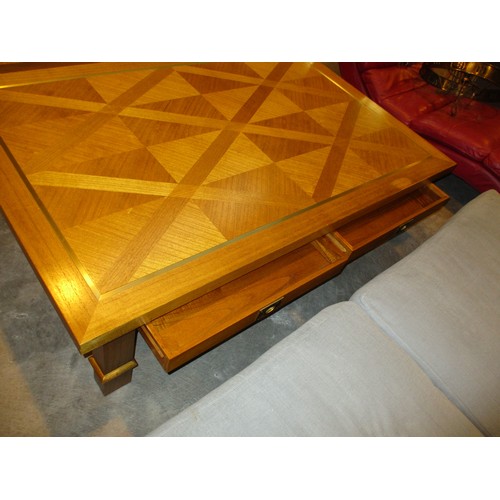 674 - Large Brass Inlaid Wood Coffee Table and Matching Pair of Lamp Tables, 169x110cm and 65x65cm