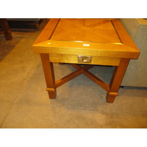 674 - Large Brass Inlaid Wood Coffee Table and Matching Pair of Lamp Tables, 169x110cm and 65x65cm