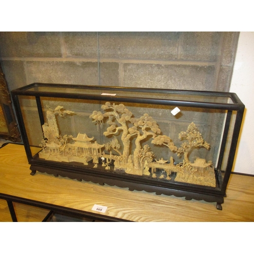 108 - Oriental Carved Cork Diorama, Cased, 60x28x11cm