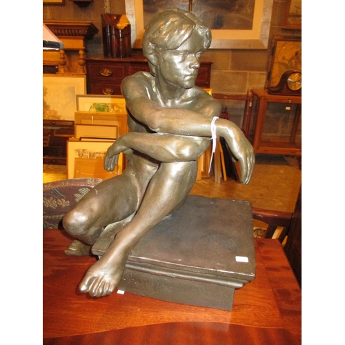 127 - Walter Awlson, Scottish B.1949, Bronzed Pottery Figure of a Seated Man, No. 33/50, 46cm high