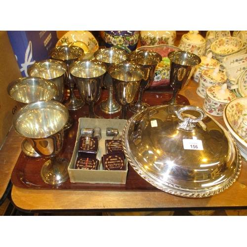 156 - Set of 9 Sterling Silver Goblets, 1098g, Silver Condiments and a William Rogers Tureen