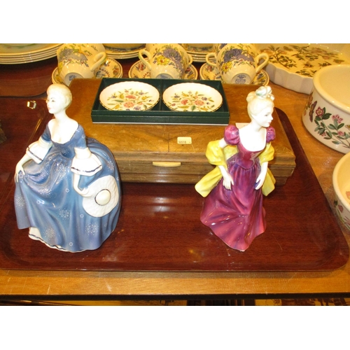 160 - Two Royal Doulton Figures, Pair of Minton Dishes and a Jewel Box