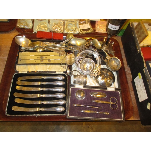 166A - Cased Set of 6 Silver Handle Tea Knives, Manicure Set, Hat Pin Set, Silver Plated Items etc