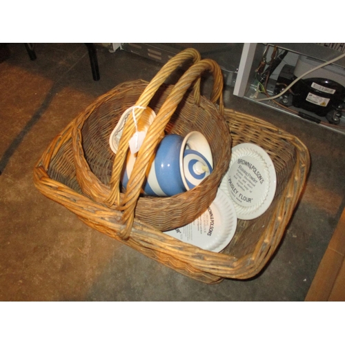 217 - Two Vintage Baskets, TG Green Jar, Brown & Polsons Dishes etc