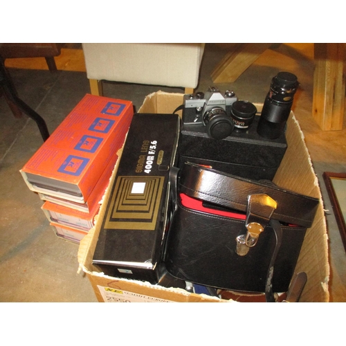 221 - Box with Praktica LLC Camera with Lenses, Agfa Camera, Rollei Slide Projector, Sigma Lens 400mm F/5.... 