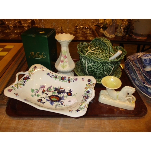 60 - Belleek Sea Horse Candlestick and Vase, Victorian Dish and Cabbage Tureen