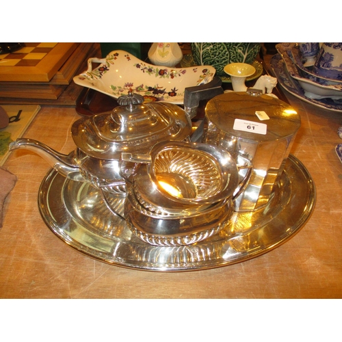 61 - Silver Plated 3 Piece Tea Service, Biscuit Box and Tray