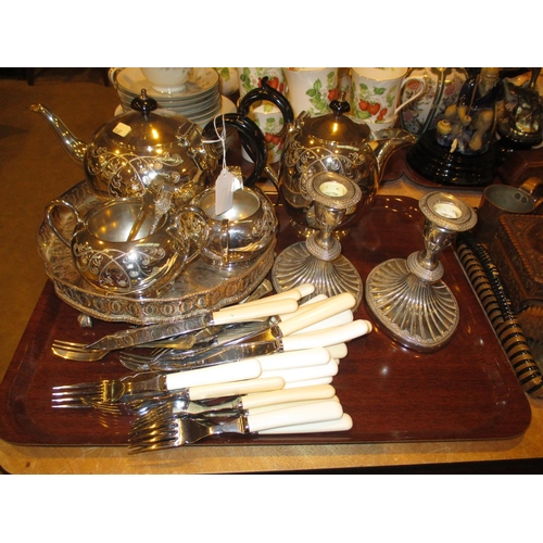 70 - Silver Plated 4 Piece Tea Service, Tray, Cutlery and Pair of Candlesticks