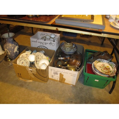 97 - Four Boxes of Ceramics, Metalwares, Lamps etc