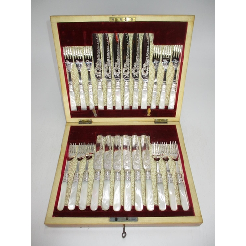 Victorian Mahogany Cased Set of 12 Pairs of Silver Plate and Mother of Pearl Fruit Knives and Forks