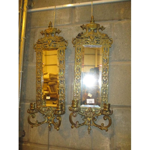 470 - Pair of Brass and Mirror Girandoles, 61x17cm