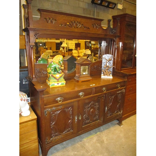 625 - Art Nouveau Carved Oak Mirror Back Sideboard, 170cm