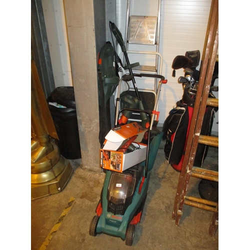 647 - Bosch Electric Mower, Strimmer, Blower Vac, Power File and 2 Step Ladders