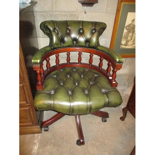 677 - Deep Buttoned Green Leather Desk Arm Chair