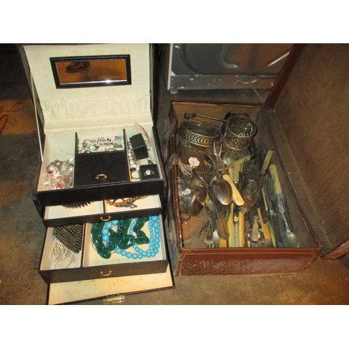 216 - Jewel Box with Costume Jewellery and Case with Silver Plated Cutlery etc