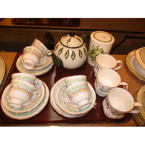 137 - Royal Stafford Glendale 18 Piece Tea Set, 3 Royal Albert Brigadoon Mugs, a Teapot and a Jar