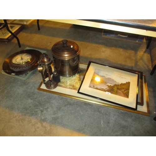 144 - Coal Box and Companion Set, Brass Plaque, Barometer and Pictures