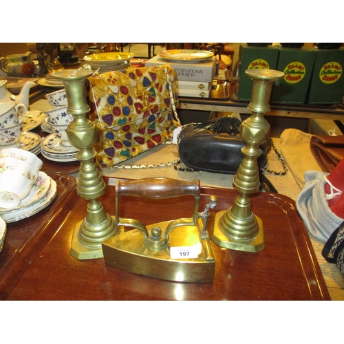 197 - Pair of Victorian Brass Candlesticks and a Bolt Iron