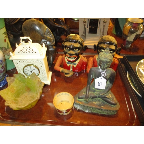 204 - Two Money Banks, Clock, Dishes, Carved Sculpture and a Buddha