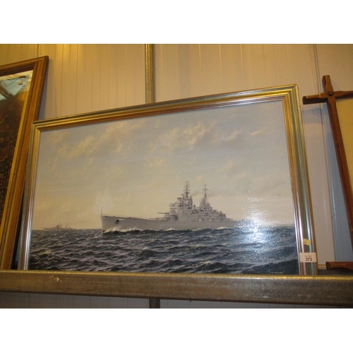 372 - George R Cummings, Oil Painting on Board, HMS Vanguard, 45x75cm