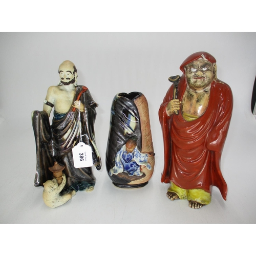 386 - Two Japanese Pottery Sumida Figures and a Vase, 35 and 18cm