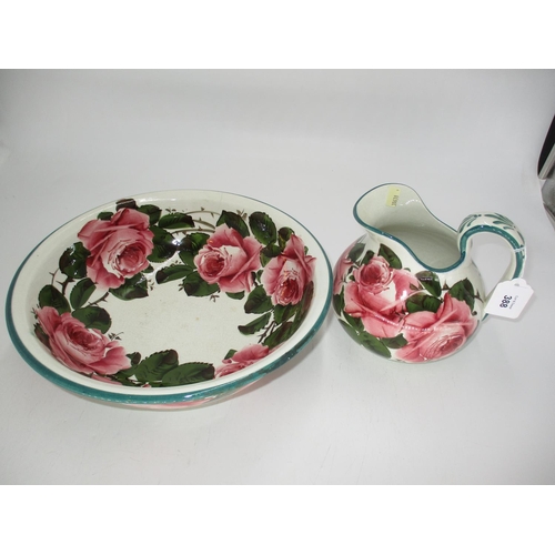 388 - Wemyss Pottery Cabbage Rose Painted Basin and Ewer, basin 29cm cracked, ewer 15cm glaze chip